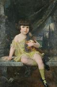 Douglas Volk Young Girl in Yellow Dress Holding her Doll, oil painting on canvas